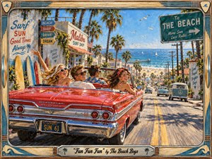 Kung Fu Hand Painting - A vivid retro California beach scene shows carefree friends cruising downhill in a gleaming red convertible toward the sparkling ocean. Sunlit palms, surfboards, vintage signs, and coastal traffic create an exuberant 1960s atmosphere. Warm reds, turquoise blues, and golden light enhance the hand-painted nostalgic style, framed with surf-inspired decorative details.