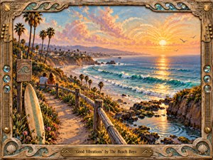 Kung Fu Hand Painting - A radiant California coastline glows beneath a golden sunset, with turquoise waves, palm-lined cliffs, a distant pier, and two figures overlooking the sea. Warm peach, aqua, and amber tones create a joyful, nostalgic mood. Thick painterly textures, sparkling water, flowers, a surfboard, and an ornate musical frame evoke handcrafted 1960s coastal optimism.