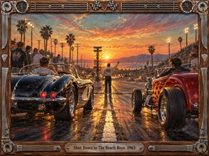 Two classic hot rods face off on a palm-lined drag strip beneath a blazing California sunset, charged with youthful rivalry and speed. Warm orange light reflects across the pavement and polished chrome, while spectators crowd the sidelines. Rich painterly textures, vintage details, racing flags, and a handcrafted automotive frame evoke early-1960s car culture.