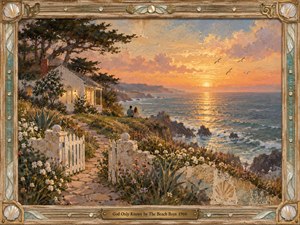 A tender coastal sunset surrounds a quiet couple seated beside a flower-covered cottage overlooking the sea. Warm gold, coral, turquoise, and soft violet light bathe the cliffs, garden path, and shimmering water. Richly textured painterly brushwork, seabirds, wildflowers, shells, and an ornate handcrafted frame create a nostalgic, romantic atmosphere.