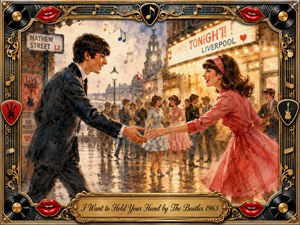 A joyful young couple reaches eagerly toward each other on a glowing 1960s Liverpool street, surrounded by dancers, musicians, and wet pavement reflecting golden marquee lights. Warm reds, pinks, blues, and golds enrich the nostalgic watercolor style, while musical notes, vinyl records, red lips, and ornate metallic framing celebrate youthful romance.