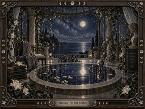 A moonlit conservatory opens onto a tranquil sea beneath a star-filled sky, blending romantic architecture with celestial symbolism. Deep blues, silver light, warm bronze, marble, lilies, and reflective water create a dreamy, contemplative mood. Ornate columns, astronomical objects, trailing flowers, and a handcrafted musical frame enrich the detailed, painterly composition.