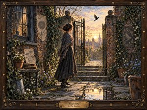 A solitary woman stands in an overgrown brick garden at sunset, gazing through an open wrought-iron gate as a blackbird flies toward the glowing sky. Warm gold, deep brown, ivy green, and soft blue create a reflective mood. Painterly textures, wildflowers, puddled reflections, weathered walls, and carved wooden framing add handcrafted detail.