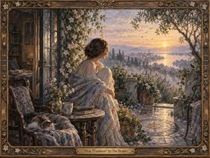 A contemplative woman sits beside an open terrace at sunrise, wrapped in a patterned shawl as warm golden light spreads across flowers, stone paths, distant hills, and water. Richly textured, painterly details create a peaceful, introspective mood, framed by carved wood, floral ornament, instrument strings, and an engraved title plate.