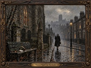 A solitary woman walks along a rain-darkened cobblestone street beside an old stone church, surrounded by empty benches, iron railings, and shadowed houses. Muted browns, grays, and amber lamplight create a mournful atmosphere. Rich oil-painted textures, wet reflections, autumn leaves, and an ornate musical frame deepen the sense of loneliness.