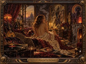 A candlelit boudoir glows with decadent late-1960s tension as a solitary woman sits amid velvet, records, flowers, smoke, and fractured mirrors. Deep burgundy, amber, black, and gold create a seductive yet unsettling mood. Rich painterly textures, reflected faces, vintage instruments, and ornate framing intensify the dreamlike psychological atmosphere.