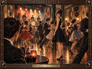 A stylish young woman in a black dress stands amid a lively 1960s dance club, surrounded by blurred dancers and a glowing rock band. Warm amber, red, and gold lights shimmer across the polished floor, creating youthful excitement and romantic anticipation. Painterly textures, vintage decor, and an instrument-inspired frame complete the nostalgic scene.