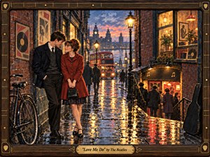 A young couple shares a shy, affectionate moment on a rain-slicked Liverpool street at dusk, surrounded by glowing lamps, brick buildings, a red double-decker bus, and a warmly lit music club. Rich gouache-like textures, amber reflections, cool blue shadows, and a carved wood-and-brass frame create a nostalgic early-1960s atmosphere.