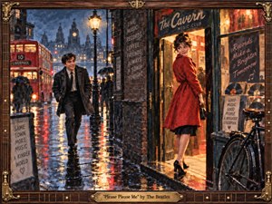 A rain-soaked 1960s Liverpool street glows with romantic anticipation as a smiling young man approaches a woman in a vivid red coat outside a warmly lit music club. Reflections shimmer across wet pavement beneath amber lamps and a red double-decker bus, rendered in richly textured gouache and watercolor within an ornate wood-and-brass frame.