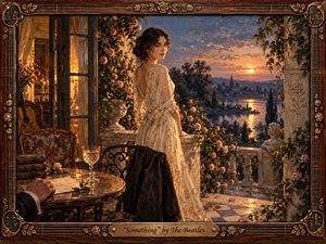 A graceful woman in an ivory lace gown stands on a rose-covered terrace at sunset, overlooking shimmering water and distant hills. Warm amber light contrasts with dusky blues and soft pinks, creating a tender, nostalgic mood. Rich oil-painting textures, carved stone, glowing glass, and an ornate musical frame add handcrafted elegance.