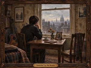 A solitary man sits beside a rain-streaked London window, absorbed in quiet reflection as muted rooftops and distant domes fade into gray light. Warm browns, faded florals, an acoustic guitar, yellow roses, photographs, and worn furniture create intimate nostalgia. Painterly textures, soft illumination, and careful framing deepen the melancholy atmosphere.