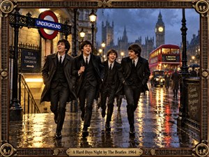 Four sharply dressed young musicians stride through a rain-soaked 1960s London street beneath glowing lamps, framed by Big Ben, buses, taxis, and an Underground entrance. Warm gold reflections contrast with the cool blue evening sky. The cinematic, realistic illustration feels energetic and nostalgic, enclosed by an ornate guitar-themed bronze frame.