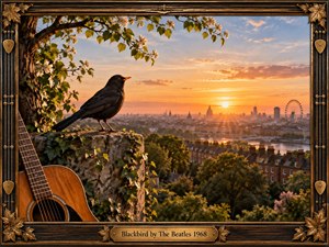A blackbird perches on an ivy-covered stone ledge beside an acoustic guitar, overlooking a warmly glowing city at sunrise. Golden-orange light spreads across rooftops, river, trees, and distant landmarks, creating a hopeful, reflective mood. Rich natural textures, cinematic detail, and an ornate bronze-and-wood musical frame complete the handcrafted composition.