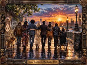 A united group walks along a rain-slick London riverside at sunset, their linked arms forming a strong central rhythm. Golden light reflects across wet pavement beneath dramatic violet-orange clouds, while vintage clothing, peace symbols, a guitar case, and ornate lamps create a warm, nostalgic, painterly 1960s atmosphere.