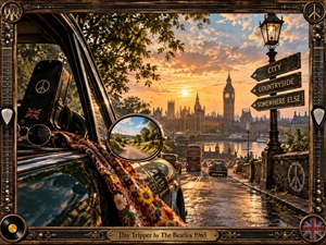 A vintage car descends toward London at golden sunset, with Big Ben and Parliament glowing beyond a rain-slicked road. A paisley scarf, sunglasses, guitar case, peace symbols, and directional signs suggest restless adventure. Warm amber light, rich reflections, detailed textures, and an ornate guitar-themed frame create nostalgic 1960s energy.