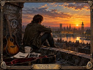 A solitary young musician sits on a weathered London rooftop at sunset, gazing across the glowing Thames and skyline. Warm orange light contrasts with deep blue shadows, creating a reflective, hopeful mood. A worn guitar, open case, handwritten pages, photograph, peace symbols, and distressed metal frame enrich the painterly scene.
