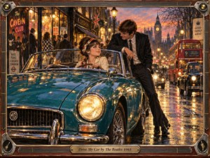 A confident young woman sits behind the wheel of a glossy teal convertible on a rain-slicked 1960s London street, while a sharply dressed man leans beside her. Warm shop lights, red buses, glowing lamps, and Big Ben frame the playful scene. Rich painted textures, chrome reflections, twilight colors, and an ornate musical frame create cinematic energy.