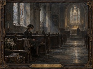 A solitary woman sits bowed in a dark wooden pew inside a vast Gothic church, surrounded by empty benches, faded lilies, and worn hymn books. Cool gray-blue daylight filters through stained glass, meeting a distant amber altar glow. The framed oil-style image feels somber, intimate, and richly textured, with deep shadows and quiet emotional weight.