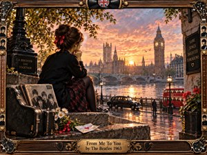 A young woman sits on rain-darkened stone steps overlooking the Thames at sunset, framed by Big Ben and Westminster. Warm gold and rose light reflect across wet streets, buses, and taxis. Vintage records, daisies, and a love note add tenderness, while the ornate guitar-inspired frame reinforces a nostalgic 1960s mood.