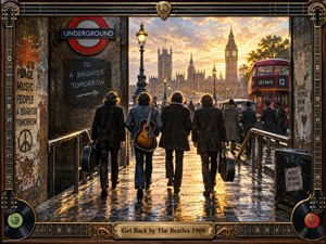 Four musicians walk from a London Underground entrance into a rain-slicked city glowing with golden sunset light. Big Ben, Parliament, vintage buses, taxis, and pedestrians create a nostalgic 1960s atmosphere. Rich photographic realism, deep shadows, warm reflections, weathered walls, musical motifs, and an ornate instrument-inspired frame reinforce the reflective, homeward mood.