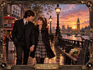A young couple strolls hand in hand along a rain-slick London riverside at sunset, glowing with youthful romance and optimism. Warm gold, amber, and rose light reflects across the pavement and Thames, while Big Ben, vintage buses, streetlamps, guitars, flowers, and ornate Beatles-inspired framing create a richly nostalgic 1960s atmosphere.