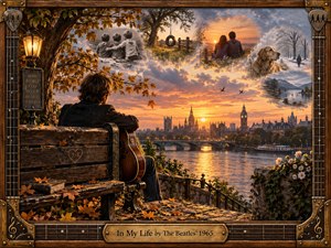 A solitary guitarist rests on a weathered riverside bench at sunset, overlooking a glowing London skyline as autumn leaves gather around him. Soft memory scenes drift through luminous clouds above, suggesting childhood, love, companionship, and loss. Warm amber light, rich wood textures, and an ornate musical frame create a tender, nostalgic atmosphere.