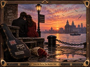A young couple sits close beside Liverpools waterfront at sunset, surrounded by glowing amber light, wet cobblestones, roses, and a weathered guitar case. The mood is tender and nostalgic, with warm orange skies, reflective water, distant architecture, and vintage illustrative detail framed by ornate musical wood-and-brass decoration.