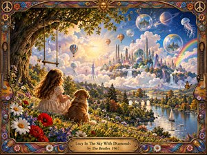 A young girl and her dog sit among brilliant wildflowers beneath an ancient tree, gazing toward a luminous dream city floating beyond a winding river. Golden sunlight, saturated blues, rainbows, planets, balloons, and translucent jellyfish create a joyful psychedelic atmosphere, framed by richly ornamented, handcrafted musical and floral details.