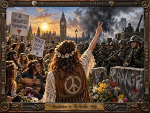 A flower-crowned protester raises a peace sign before a rigid line of soldiers in 1960s London, framed by Parliament, smoke, flowers, and demonstrators. Warm sunset gold contrasts with cold military grays, creating tense optimism. The highly detailed painterly style, weathered surfaces, guitar-inspired frame, and brass title plate reinforce the eras rebellious spirit.