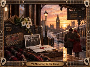 A nostalgic 1960s London railway scene glows beneath a golden sunset, with a departing couple embracing beside a steam train. Vintage luggage, daisies, letters, a Beatles photograph, and tartan fabric fill the foreground. Warm amber, brass, crimson, and sepia tones create romantic depth, framed by guitar-inspired craftsmanship and tactile aged textures.