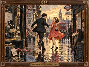 A joyful young couple dances through a rain-polished 1960s London street, framed by jewelers, fashion displays, glowing lamps, and distant Big Ben. Warm gold, coral, teal, and deep brown tones create a lively romantic mood, while painterly mixed-media textures, reflective cobblestones, scattered coins, and guitar-inspired framing emphasize love triumphing over material wealth.