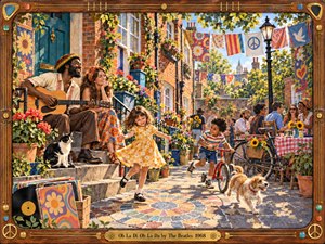 A joyful sunlit neighborhood gathering unfolds among brick row houses, overflowing flowers, fluttering patterned banners, and warm wooden textures. Musicians, children, neighbors, a cat, and a playful dog animate the scene. Rich reds, yellows, blues, and greens glow in golden light, rendered in a detailed handcrafted retro illustration style.