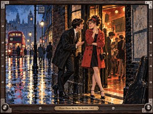 A young couple shares a flirtatious, hopeful moment outside a glowing 1960s music club on a rain-soaked city street. Cool blues and glossy reflections contrast with warm amber doorway light. Rich gouache-like textures, period clothing, a red double-decker bus, guitar case, and handcrafted musical frame create nostalgic romantic energy.