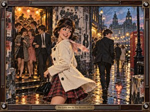 A joyful young woman turns through a rain-slicked 1960s Liverpool street as music lovers spill from a glowing club behind her. Warm amber lights contrast with cool blue twilight, reflecting across cobblestones, cars, and a red telephone box. Painterly textures, vintage posters, lively movement, and a music-inspired frame create buoyant romantic energy.