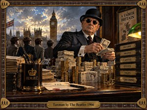 A stern tax official counts stacks of money in a richly furnished 1960s office while four silhouetted musicians overlook Parliament and Big Ben. Warm amber light, deep browns, brass accents, stormy blue skies, and painterly realism create a satirical, oppressive mood. Musical frame details and vintage paperwork reinforce the era.