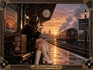 A solitary young woman waits beside a weathered suitcase on a rain-glossed London railway platform as a train recedes into a fiery sunset. Warm amber light contrasts with dark steel, wet pavement, and drifting steam. The cinematic vintage style, ornate musical frame, glowing reflections, and distant city skyline create bittersweet departure and restless possibility.