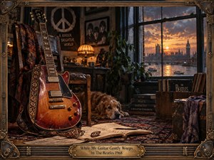 A weathered electric guitar rests beside a sleeping dog in a dim, nostalgic music room overlooking rain-soaked London at sunset. Warm amber lamplight contrasts with stormy blue-gray shadows, while records, books, sheet music, plants, and vintage Beatles imagery create a richly textured, melancholic, painterly-photorealistic atmosphere.