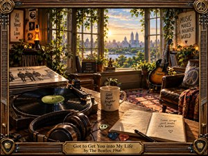 A warmly lit vintage music room overlooks a sunlit city through vine-covered windows, blending nostalgia, optimism, and intimate creativity. Rich amber wood, green foliage, worn leather, vinyl records, headphones, a guitar, and handwritten notes fill the composition. Golden evening light and handcrafted details create a joyful, lived-in 1960s atmosphere.