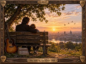 A warmly cinematic sunset scene shows a man embracing a child on a hilltop bench overlooking London, with a weathered acoustic guitar resting nearby. Golden light, soft clouds, birds, wildflowers, and glowing river reflections create hope and tenderness. A handcrafted dark wood-and-brass musical frame adds nostalgic 1960s character and intricate decorative detail.