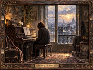 A solitary figure sits quietly at a worn upright piano beside a rain-streaked window overlooking a misty city at sunrise. Warm gold light breaks through cool gray clouds, filling the textured room with calm hope. Rich oil-and-encaustic surfaces, aged wood, plants, framed pictures, and an ornate musical frame deepen the reflective mood.