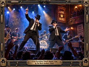 A high-energy blues performance fills an ornate vintage theater, with suited musicians framed by smoky blue and amber stage lights. Singers command the foreground while saxophone, guitar, bass, drums, and organ build the scene. A black-and-brass musical frame, sunglasses, harmonica details, and engraved title plate reinforce the gritty live-show atmosphere.
