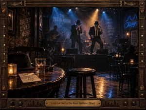 A smoky blues club glows with deep blue and amber stage lights as two suited musicians perform beyond an empty stool and candlelit table. A whiskey glass, fedora, curling cigarette smoke, worn wood, neon accents, and reflective flooring create a cinematic, late-night mood framed by richly detailed brass and instrument motifs.