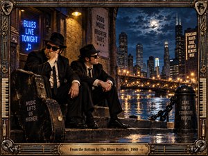 Two black-suited bluesmen rest beside a weathered instrument case outside a Chicago club, framed by glowing neon, wet pavement, river reflections, and a dramatic moonlit skyline. Warm amber lamps contrast with deep blue night tones, while the ornate brass, piano-key, and musical frame reinforces the gritty cinematic blues atmosphere.