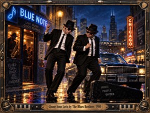 Two black-suited musicians dance on a rain-slicked Chicago street beside a vintage car, framed by glowing blues-club neon, warm storefront light, and towering night architecture. Rich blue, amber, and black tones create energetic cinematic drama, while the ornate instrument-themed border and brass title plate reinforce the lively rhythm.