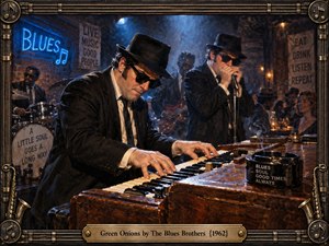 A smoky blues club glows with deep blue neon and warm amber light as suited musicians perform around a weathered organ. Black hats, sunglasses, brass details, and crowded tables create a cool, nocturnal mood. Rich cinematic realism, textured wood, drifting haze, and an ornate musical frame heighten the soulful atmosphere.