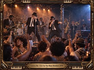 A packed nightclub erupts around a sharply dressed blues band performing beneath smoky amber and cool blue stage lights. Two animated frontmen command the center while guitar, horns, drums, bass, and keyboards drive the scene. Warm cinematic photography, dancing silhouettes, and an ornate brass-and-piano frame create jubilant vintage energy.