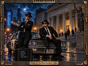 Two sharply dressed bluesmen in black suits, hats, and sunglasses pose beside a weathered police car on a rain-soaked Chicago street. Blue neon, amber lamps, courthouse columns, and a moonlit skyline create a gritty nocturnal mood. Cinematic painted realism, musical frame details, and reflective pavement reinforce the soulful urban atmosphere.