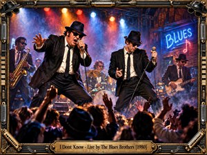 A high-energy blues concert unfolds in a smoky club, with two suited singers in black hats and sunglasses commanding the stage before a cheering crowd. Vivid blue, red, and amber lights illuminate the band, instruments, and brick walls, while an ornate brass musical frame adds polished vintage character.