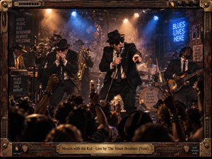 A smoky blues club erupts with swagger and restless energy as suited performers drive the stage beneath amber and electric blue spotlights. Raised hands crowd the foreground while brass, harmonica, bass, and drums gleam through haze. Cinematic analog photography, worn wood framing, brass hardware, and vintage signage deepen the gritty live atmosphere.