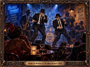 A smoky blues club glows with deep cobalt and warm amber light as two black-suited performers command a crowded stage backed by horns, drums, and guitar. A glamorous woman watches from a candlelit table, adding vintage nightlife drama. Rich painterly textures, theatrical haze, and an ornate musical frame heighten the energetic period atmosphere.